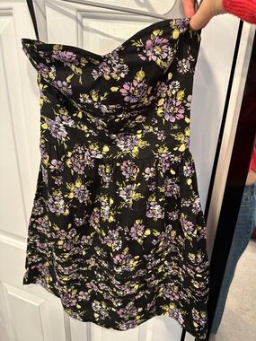 Black Floral Strapless Dress with Purple & Yellow Blossoms